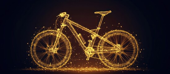 Fototapeta premium Golden bicycle made of glowing particles with a dark background.