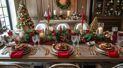 Festive Christmas Dinner Table with Decorations