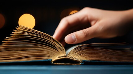 Closeup of a hand turning the page of an old book, symbolizing the passing of time and knowledge, delicate textures and lighting in ultrahigh resolution 8K