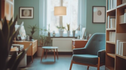 Psychologist or psychotherapist office interior with selective focus and ample copy space for text