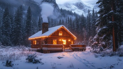 Snowy Christmas Cabin in the Woods with Christmas Lights