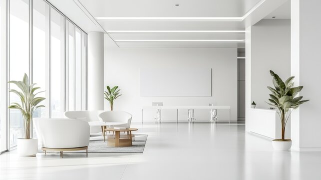 A contemporary office hall featuring white furniture and ample space ideal for a business oriented horizontal banner