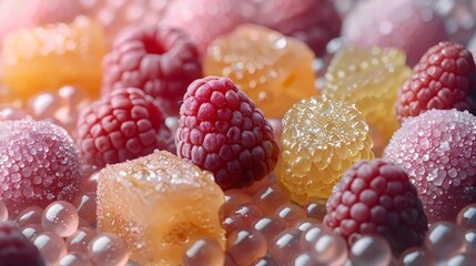 A close up of a bunch of raspberries and other fruits