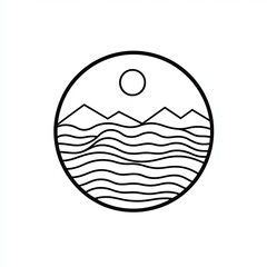 This graphic features a minimalist design of the Earth's layers, showcasing waves, mountains, and a sun in a clear black and white style against a white background