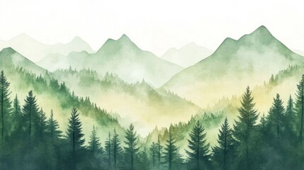 Serene watercolor landscape featuring misty mountains and evergreen forests.