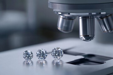 Three diamonds lie on a metal surface with a microscope lens above.