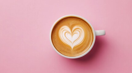 Romantic coffee moment latte art heart on a pink background viewed from above Cappuccino with heart design captured in a top down perspective on a pink surface