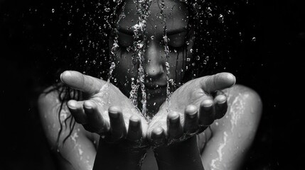 A woman with flowing water cascading over her hands, conveying a sense of serenity and reflection.