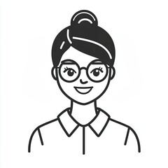 Fototapeta premium This black and white employee icon depicts a cheerful woman wearing glasses and a collared shirt, suitable for various digital platforms