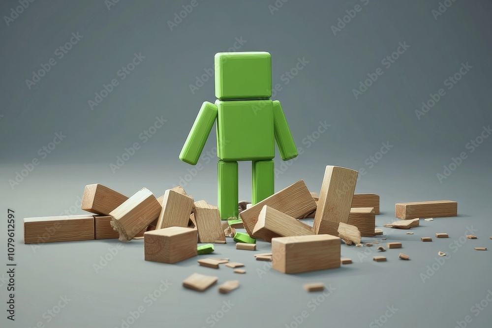 Poster green block figure standing over a pile of broken wooden blocks.