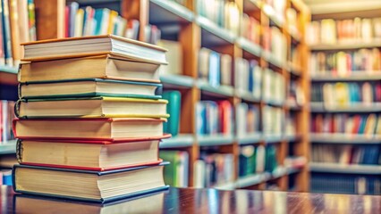 Closeup of a stack of books at a local library, a resource for families to gather and learn together, library
