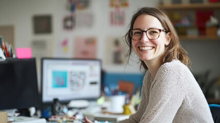Creative british woman graphic designer smiling in modern office environment with inspiring workspace