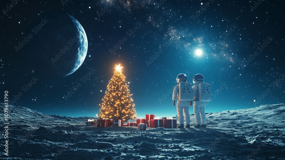 Poster two astronauts stand on the lunar surface, admiring a glowing christmas tree surrounded by colorful 