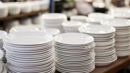 Neatly arranged stacks of clean white plates and silverware in a retail display