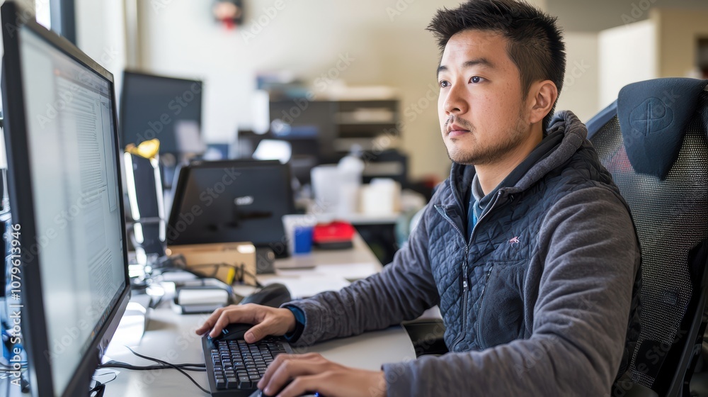 Poster chinese software developer working on computer code in modern office environment focused on producti