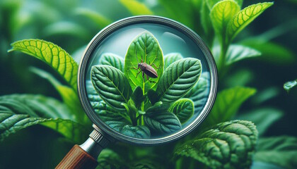 Closeup looking plants with insect in a magnifying glass, fresh green leaves in garden