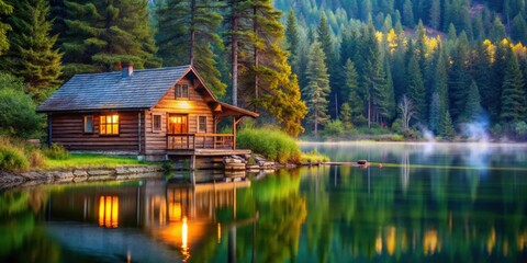 Fototapeta premium Relaxing weekend getaway in a cozy cabin by the lake, weekend, relaxation, getaway, cabin, lake, nature, peaceful, tranquil