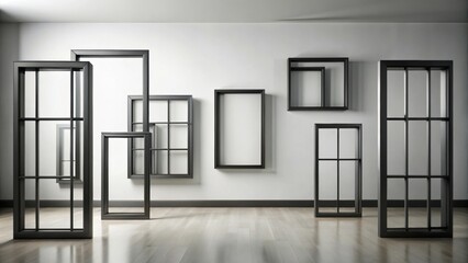 Surreal display of floating black window frames in a minimalistic setting, surreal, floating, black