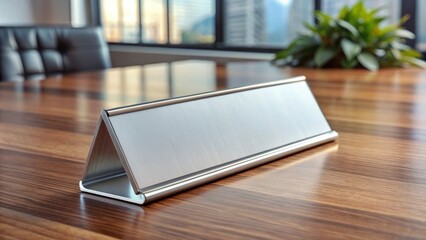 Tipped over nameplate lying on a sleek, empty desk , office, workplace, chaos, disorganized, toppled, mess, clutter