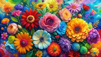 Colorful abstract painting of bright multicolored flowers , vibrant, colorful, vivid, abstract, background, art, paint