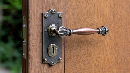 Obraz premium Vintage door handle on wooden door with ornate keyhole