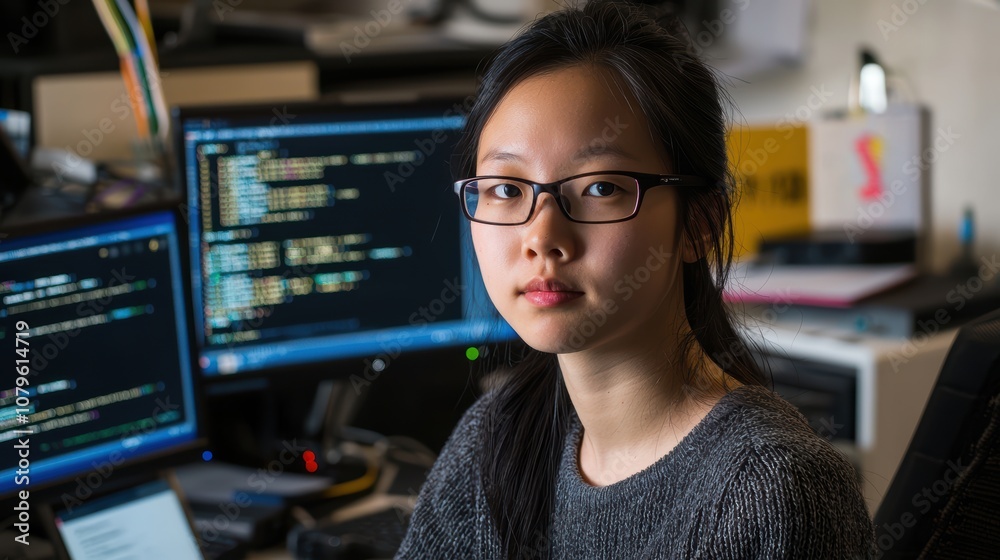 Poster focused chinese woman programming an ai project in a tech workspace digital environment introspectiv
