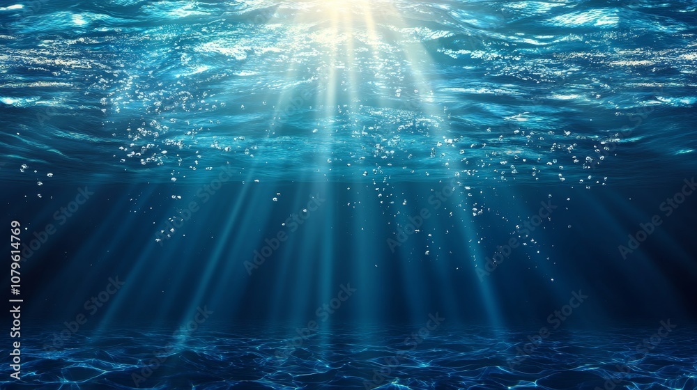 Poster sunlight rays illuminate a deep blue ocean with air bubbles and ripples.