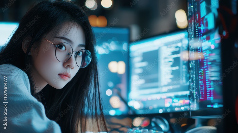 Poster focused programming session by a chinese woman on an ai project in a tech hub modern workspace conce
