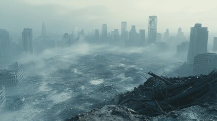 Fototapeta premium A desolate urban landscape, shrouded in mist and debris, suggesting post-apocalyptic devastation.