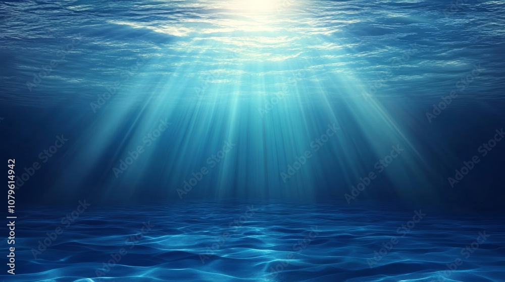 Poster underwater view of sun rays through the ocean surface, deep blue water with light shining from above