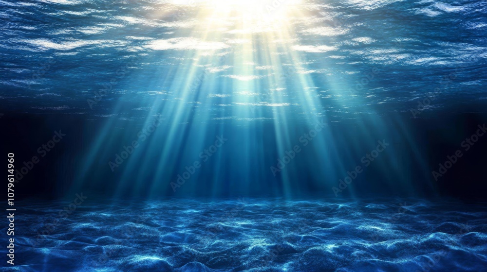 Poster underwater view with light beams shining down through the water.