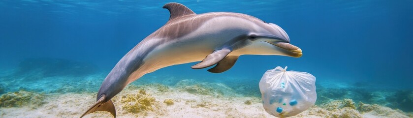 Fototapeta premium A dolphin swims near a plastic bag, highlighting ocean pollution issues.