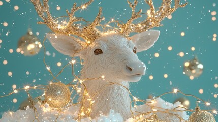 Festive reindeer with golden antlers amid sparkling lights and ornaments