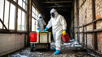 Two individuals wearing protective hazmat suits handle equipment in an industrial environment. The scene depicts caution, safety measures, and contaminated area management &ndash; Generative AI