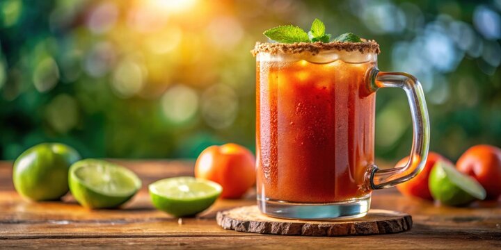 Traditional Mexican michelada in glass mug with blurry background, michelada, Mexican, drink, glass mug, beverage, traditional