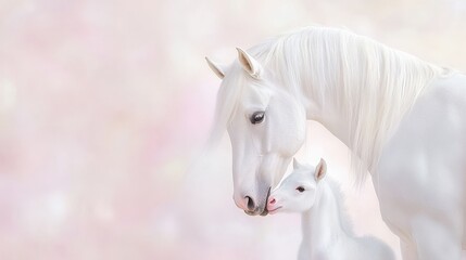 Fototapeta premium Tender bond between white mare and foal against pastel background