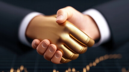 Obraz premium Business agreement: human and robotic handshake on financial data background