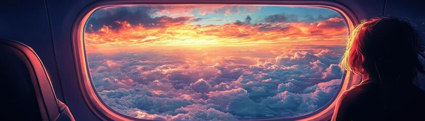 A person gazing out the window of a plane, with clouds and distant mountains below