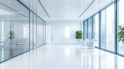 A contemporary office hall featuring white furniture and ample space ideal for a business oriented horizontal banner