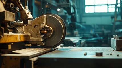 Industrial cutting tool sliding compound miter saw used in manufacturing setting