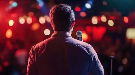 Portrait of a comedian delivering stand up comedy and engaging with the audience through humor and interaction in a theatrical setting