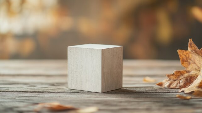 White cube wooden calendar on vintage wood and neutral background perfect for autumn themed layouts with ample copyspace for text