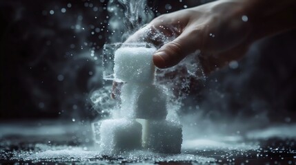A hand is holding a pile of sugar cubes, which are melting