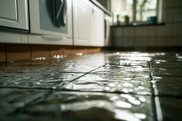 Close-up of water damage on a kitchen floor.