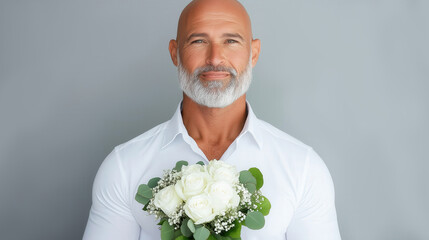 Elegant mature man holding bouquet of white roses against gray background