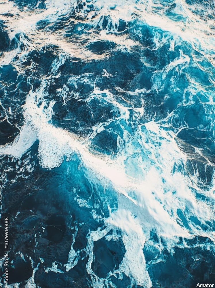 Poster aerial view of a turquoise ocean with white foam.