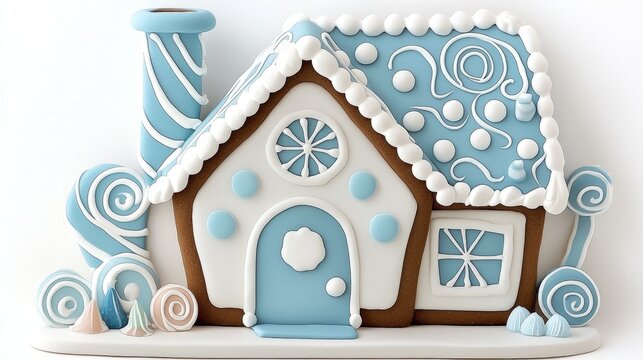 Whimsical gingerbread house with blue icing and candy decorations