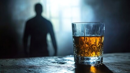 Binge drinking and alcohol use disorder depicted through a glass of alcohol and a blurred figure in a dark setting