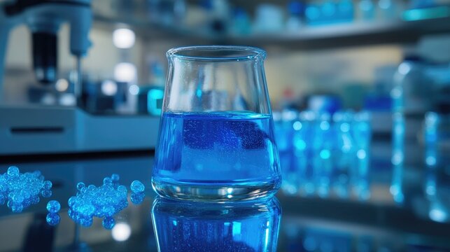Glowing blue alkaline substance on a reflective surface in a modern laboratory setting