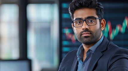 Fototapeta premium Indian man reviewing investment portfolios in a modern office environment focused on financial growth strategies
